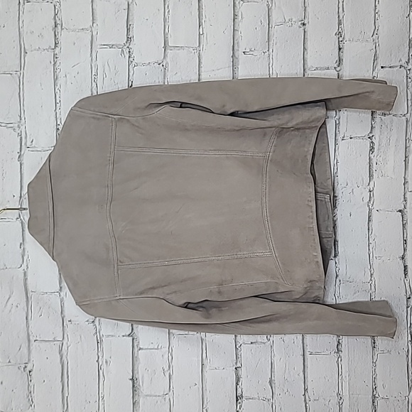 All Saints Dalby Slim Fit Cropped Suede Leather Biker Jacket in Taupe - Picture 7 of 17